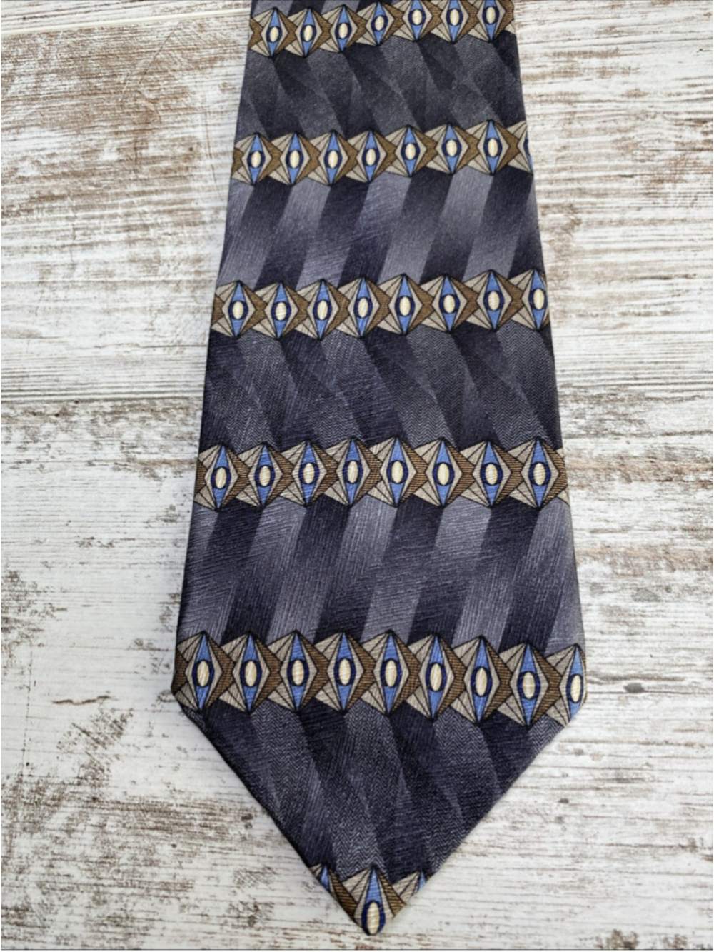 Vintage Daniel Hechter Silk Tie Gray Blue Geometric Pattern 90s Necktie